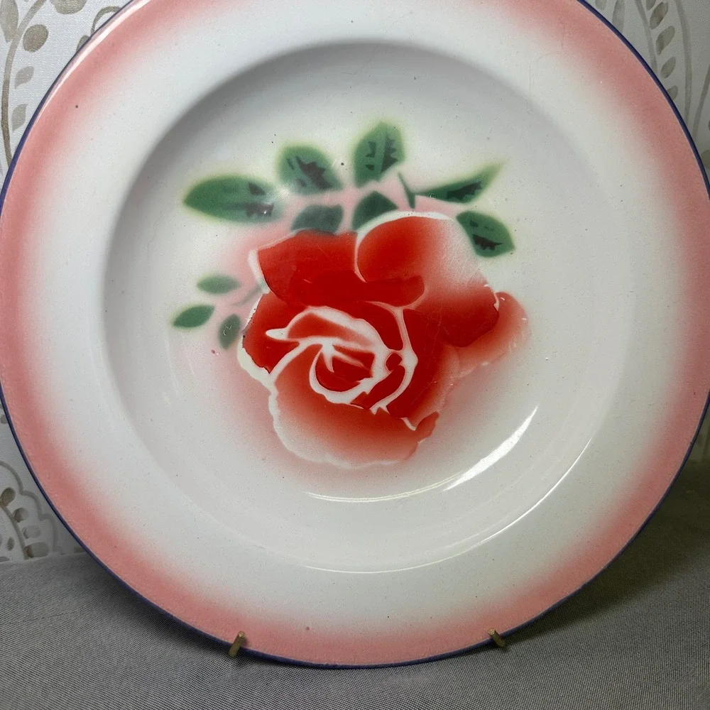 Vintage Enamel Plate‎ Red Rose Floral Rim Display Plate